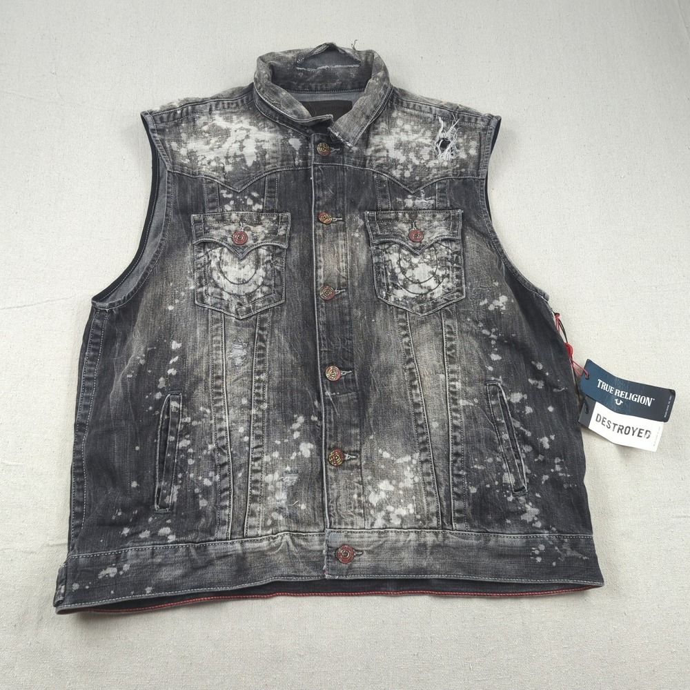 True‎ Religion Denim Vest Mens 3XL Black Destroyed Faded Distressed New $249
